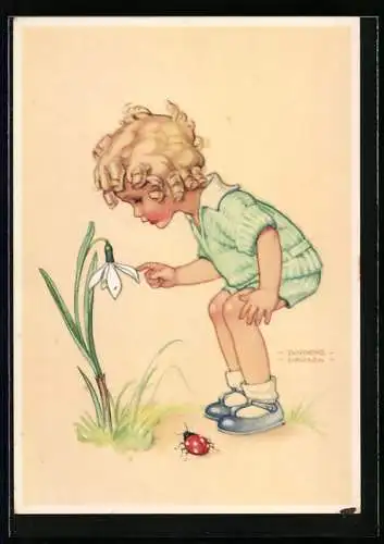 Künstler-AK Lungers Hausen: blondes Mädchen beschaut sich Schneeglöckchen, Marienkäfer