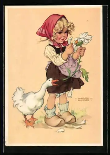 Künstler-AK Lungers Hausen: Kleines Mädchen zupft Blütenblätter von einer Blume, Gans
