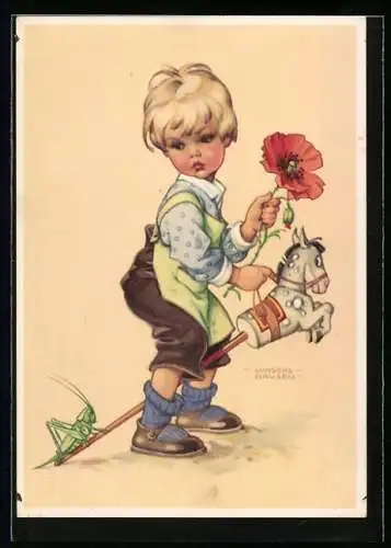 Künstler-AK Lungers Hausen: Junge mit Mohn und Steckenpferd