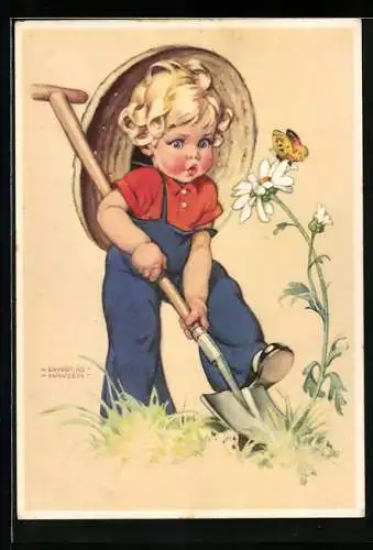 Künstler-AK Ilse Wende-Lungershausen: Junge gräbt mit einem Spaten eine Blume aus
