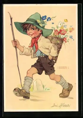 Künstler-AK Lungers Hausen: Wanderbub mit Blumenkorb