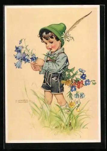 Künstler-AK Lungers Hausen: Bub in Lederhosen pflückt Blumen auf der Wiese
