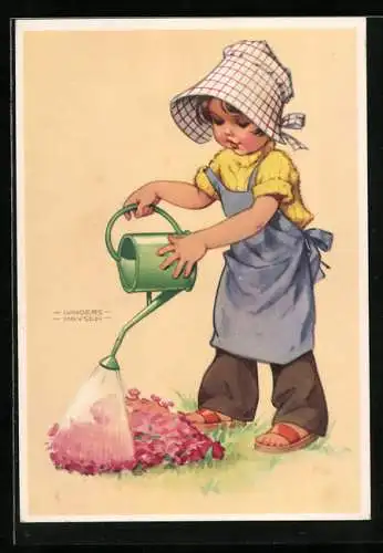 Künstler-AK Lungers Hausen: Mädchen mit Giesskanne
