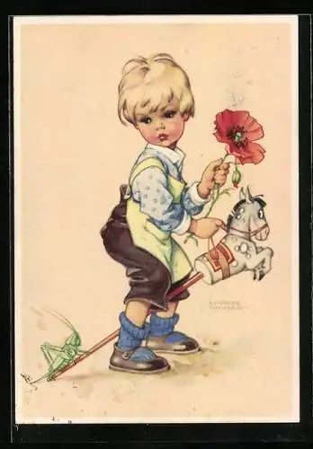 Künstler-AK Lungers Hausen: Junge mit Mohn und Steckenpferd