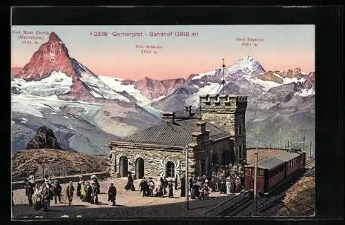 AK Gornergrat, Bergbahnhof mit Matterhorn, Tête Blanche und Dent Blanche