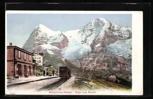 AK Wengernalp, Bergbahnstation mit Eiger und Mönch