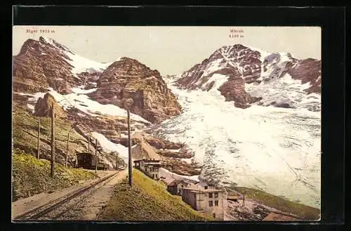 AK Station Eigergletscher, Jungfraubahn mit Eiger und Mönch