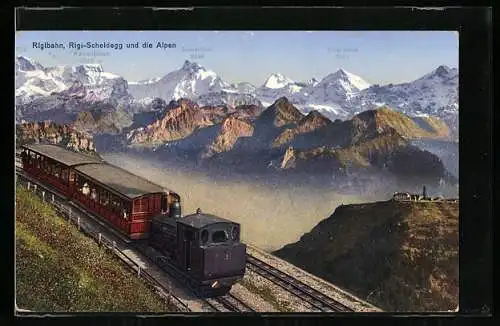 AK Rigibahn vor dem Rigi-Scheidegg und den Alpen