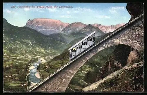 AK Bozen, Generalansicht, Virglbahn den Viadukt befahrend, Dolomiten