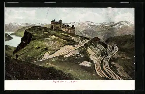 AK Rigi-Kulm, Bergbahn vor dem Gipfel mit Alpenpanorama