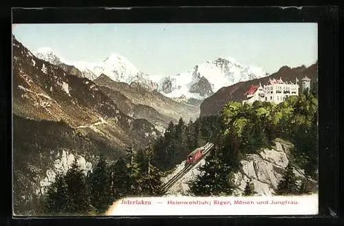 AK Interlaken, Bergbahn mit Blick auf Heimwehfluh, Eiger und Mönch