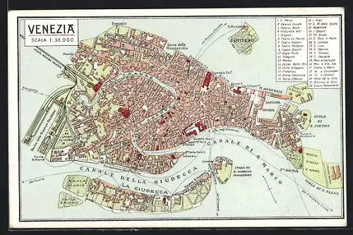 Künstler-AK Venezia, Landkarte der Stadt