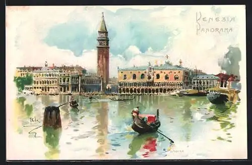 Künstler-AK Venezia, Panorama, Gondel