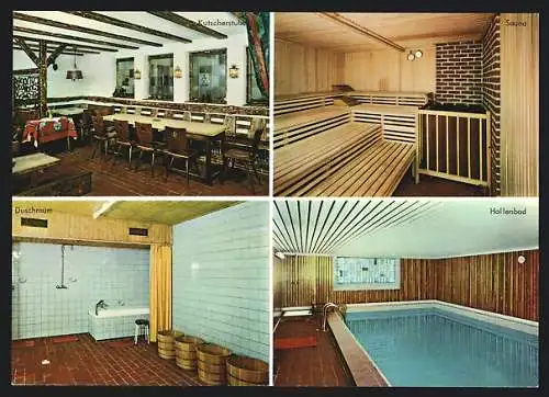 AK Hammelbach im Odenwald, Pony-Hotel Gassbachhof, Speiseraum, Sauna, Dusche und Hallenbad