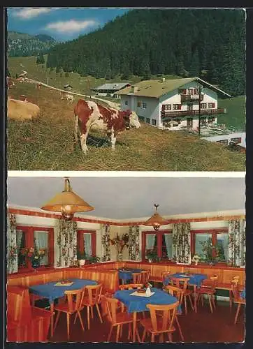AK Spitzingsee /Obb., Das Berggasthaus Igler, mit Speiseraum, weidende Kuh