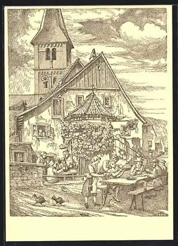 Künstler-AK Randersacker bei Würzburg, Gäste vor einer Mostschenke