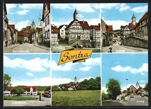 AK Sontra, Bahnhofstrasse, Auweg, Jugendheim, Rathaus