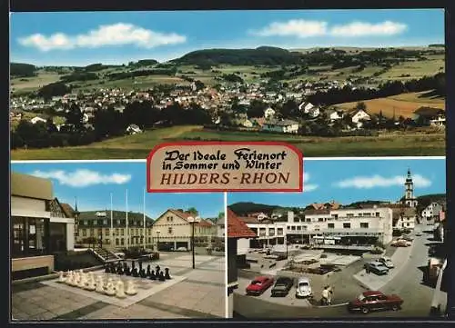 AK Hilders /Rhön, Ortspartie mit VW Käfer, Outdoor-Schachfeld, Gesamtansicht