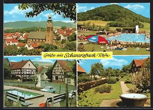 AK Schwarzbach /Rhön, Kirche, Freibad, Kneippbecken