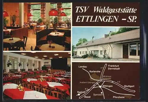 AK Ettlingen-Sp., Die TSV-Waldgaststätte, mit Innenansichten und Anfahrt, Allmendestrasse 60