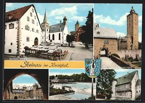 AK Steinau im Kinzigtal, Rathaus und Kirche, Gebr.-Grimm-Haus, Schloss, Schlosshof, Freibad