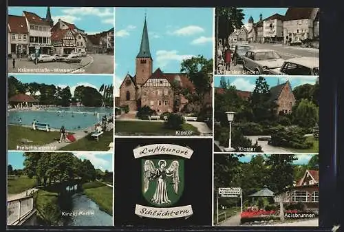 AK Schlüchtern, Krämerstrasse-Wassergasse, Kloster, Freischwimmbad, Unter den Linden, Acisbrunnen