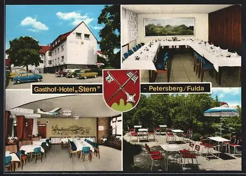 AK Petersberg /Fulda, Gasthof-Hotel Stern mit Innen- und Terrassenansicht, Brauhausstrasse 9, Inh. H. Oeste