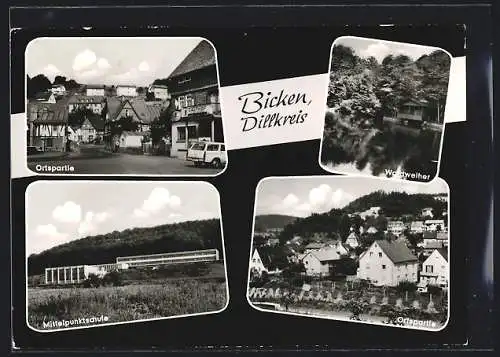 AK Bicken /Dillkreis, Waldweiher, Mittelpunktschule, Ortspartie