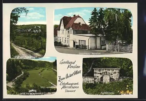 AK Hasselborn /Taunus, Gasthaus-Pension Zum Onkel Max, Wiesental, Dorfbrunnen, Ortsansicht