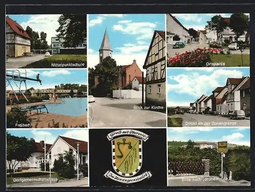 AK Obersuhl /Hessen, Mittelpunktschule, Freibad, Dorfgemeinschaftshaus, Blick zur Kirche, an der Zonengrenze