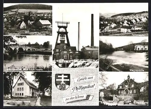 AK Philippsthal an der Werra, Kaliwerk Hattorf, Werrabrücke mit Blick nach Vacha, Gemeinschaftshaus, Rathaus