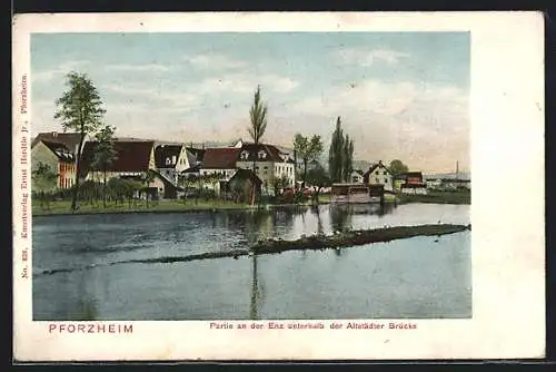 AK Pforzheim, Partie an der Enz unterhalb der Altstädter Brücke