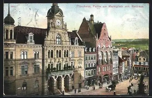 AK Pforzheim, Partie am Marktplatz mit Rathaus
