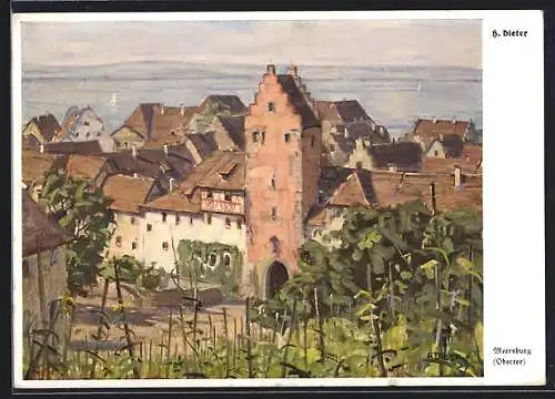 Künstler-AK Meersburg, Obertor vom Feld aus