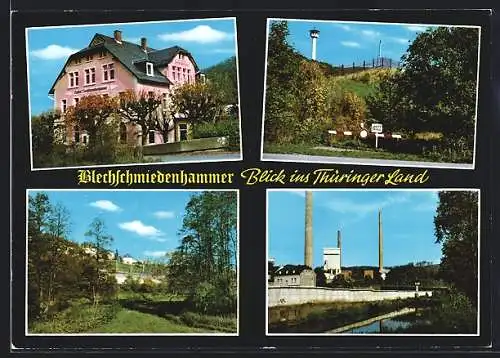 AK Lichtenberg /Frankenwald, Gasthof und Pension Blechschmiedenhammer, Landesgrenze, Industriegebiet