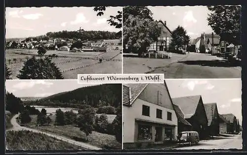 AK Wünnenberg i. Westf., VW Bully am Gemischtwarenladen, Strassenpartie, Blick auf den Fluss