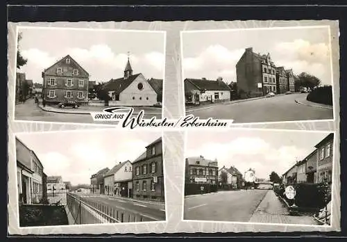 AK Wiesbaden /Erbenheim, Strassenpartien mit Geschäften, Strassenpartie mit Kirche