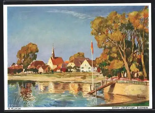 Künstler-AK Unter-Uhldingen /Bodensee, Uferpartie im Sonnenschein