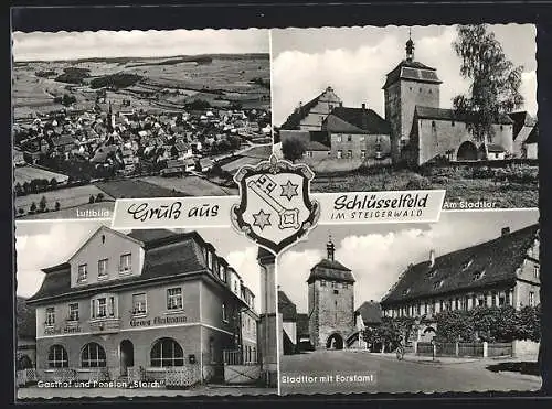AK Schlüsselfeld i. Steigerwald, Totalansicht aus der Vogelschau, Gasthaus & Pension Storch, Stadttor mit Forstamt