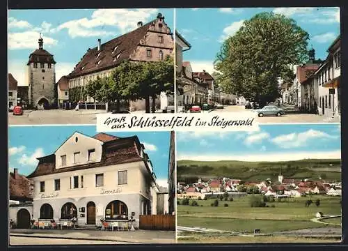 AK Schlüsselfeld /Steigerwald, Gasthof Storch und Strassenpartie mit Autos
