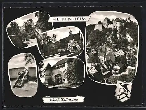 AK Heidenheim /Brenz, Das Schloss Hellenstein über der Ortschaft, Portal, Kanone, Schlosshof