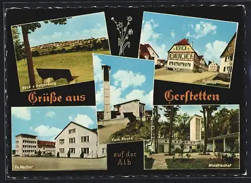 AK Gerstetten auf der Alb, Rathaus, Kath. Kirche, Fa. Walther, Waldfriedhof, Blick v. Galgenberg