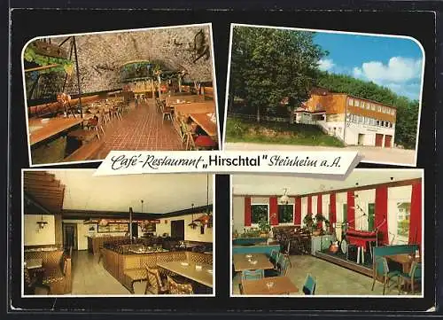 AK Steinheim a. A., Das Café-Restaurant Hirschtal mit Innenansichten, Inh. Konrad Minihoffer