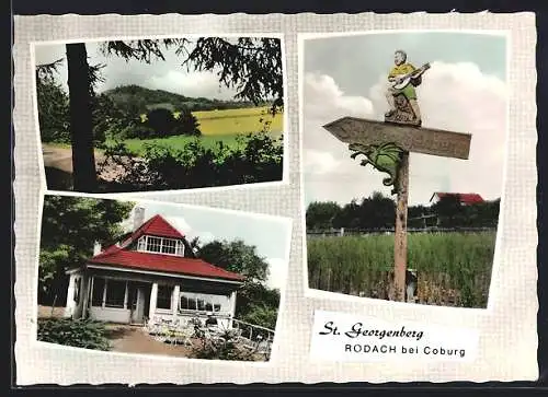 AK Rodach bei Coburg, Gasthaus, Wegweiser St. Georgenberg, Ortspartie