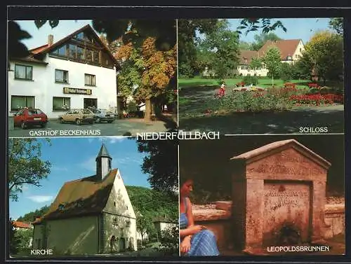 AK Niederfüllbach, Gasthof Beckenhaus, Schloss, Kirche, Leopoldsbrunnen