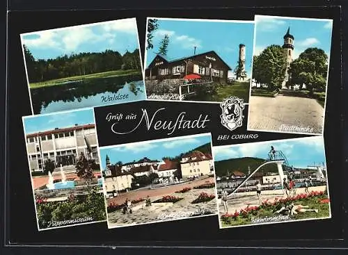 AK Neustadt bei Coburg, Gasthaus Arnold-Hütte, Stadtkirche, Puppenmuseum, Hindenburgplatz, Schwimmbad