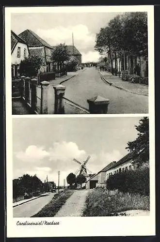 AK Carolinensiel, Strassenpartie mit Wohnhäusern, Strassenpartie an der Windmühle