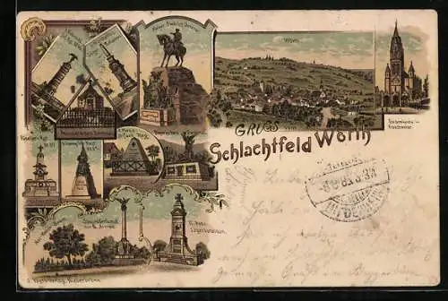 Lithographie Wörth a. S., Siegesdenkmal der III. Armee, 2. Hess. Infant. Reg. No. 82, Ortsansicht