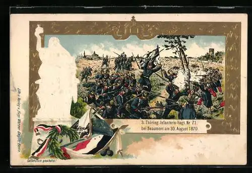 Lithographie Das 3. Thüring. Infanterie-Regt. Nr. 71 bei Beaumont am 30. 08.1870, geprägtes Passepartou mit Reichsflagge