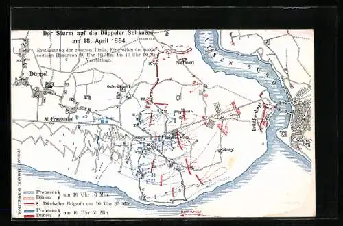 AK Kartografische Darstellung des Sturmes auf die Düppeler Schanzen 1864, Reichseinigungskriege